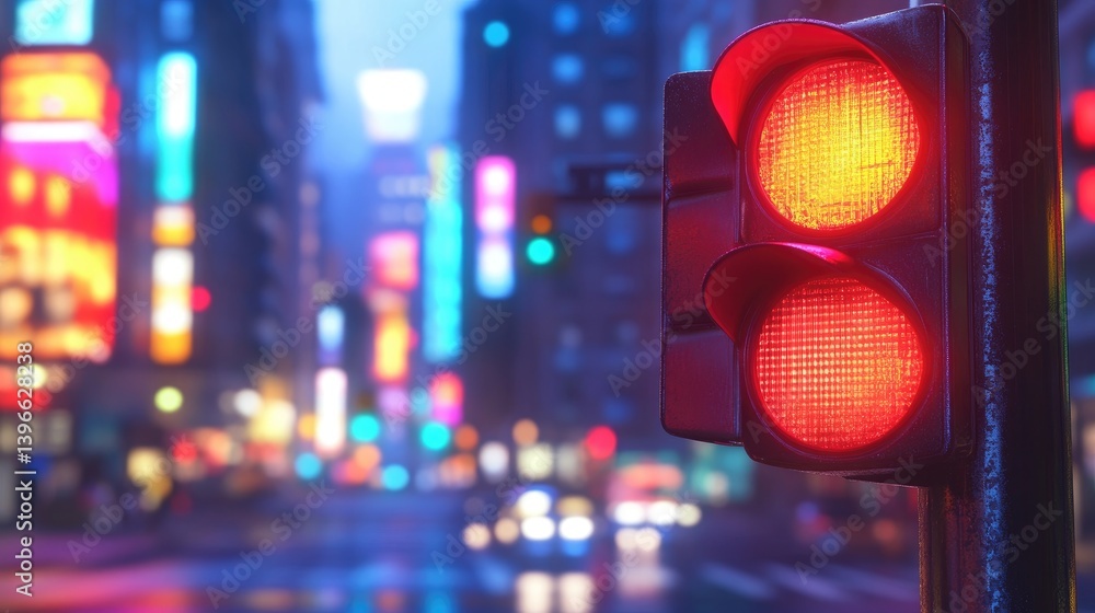 Poster a close-up of a traffic light showing the red signal illuminated, with clear, bright colors and a cl