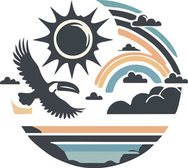 Obraz premium Sun and Sea Summer Beach Logo with Palm Tree and Waves