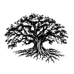 Ancient Oak's Embrace: A striking silhouette of an ancient oak tree, its gnarled branches reaching towards the sky, roots anchored deep, symbolizing strength, resilience.
