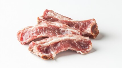 A detailed view of fresh pork ribs with a glistening surface, highlighting their texture and quality, set on a white background for a clean, professional look.