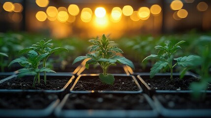 Young seedlings in a greenhouse, illuminated by warm light sources