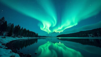Stunning Northern Lights dance above a snowy forest and calm lake, reflecting vivid green auroras in the water. Breathtaking winter scene showcasing the beauty of the Arctic night sky