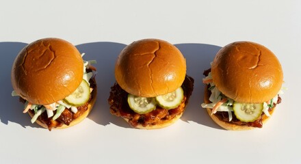 Three barbecue sliders with pickles and slaw on brioche buns in bright sunlight on white background