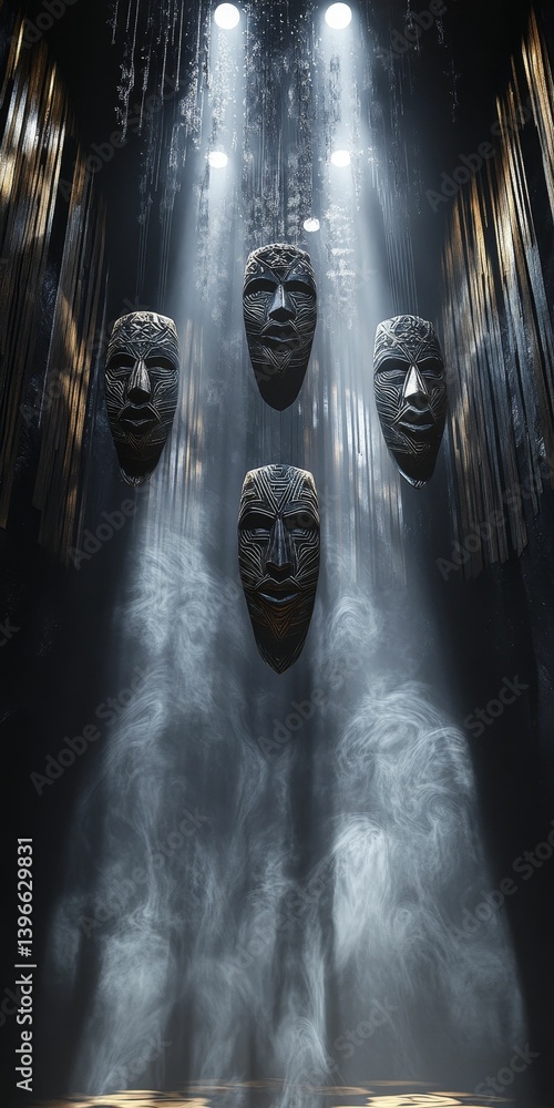 Poster four masks are illuminated by spotlights in a dark and mysterious setting.