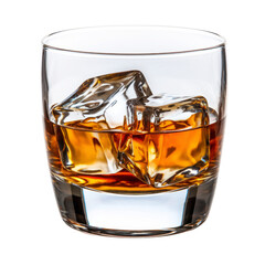 whiskey with ice cubes on white background