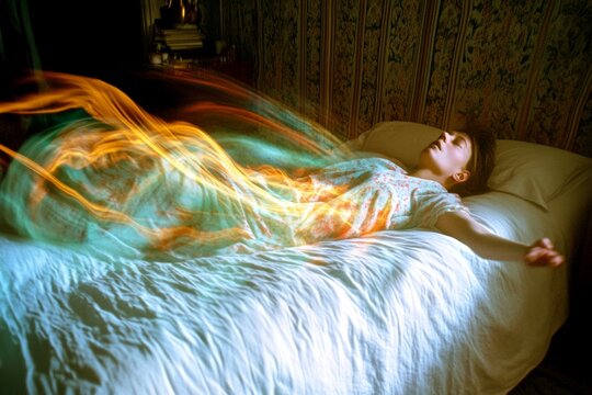 Ghostly illusion. Blurry vision. Metaphorical sleep paralysis awareness of a mental illusion. Hallucination - due to sleep paralysis: abstract image of human state. What is schizophrenia.