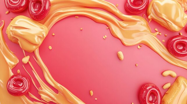 Caramel Splash with Donuts and Peanuts on Pink Background - Powered by Adobe