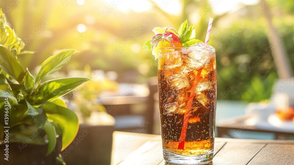 Poster a high-angle view of a refreshing sparkling soda served with a colorful garnish on a sunny patio tab