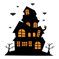Creepy Haunted House Halloween Silhouette on White Background. Isolated Vector Illustration