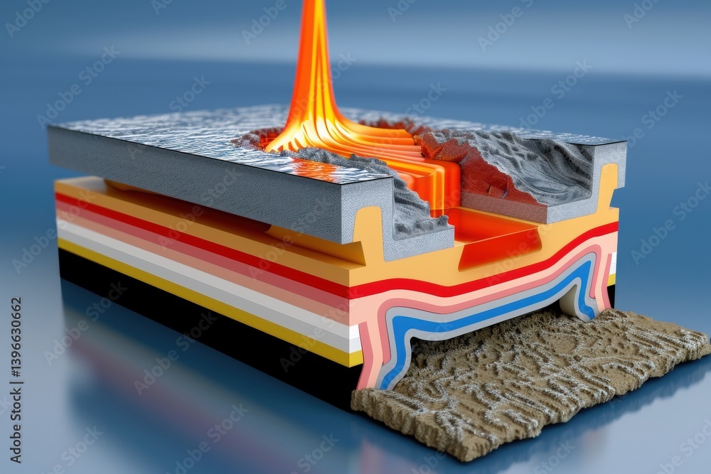 Poster 3d illustration of layered material with fluid flow dynamics.