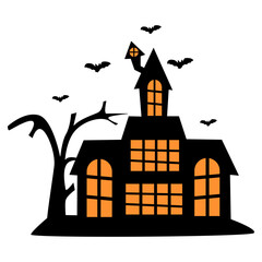 Creepy Haunted House Halloween Silhouette on White Background. Isolated Vector Illustration