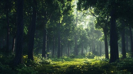 Obraz premium Sunlight Streaming Through a Dense Forest Canopy, A Lush Green Oasis