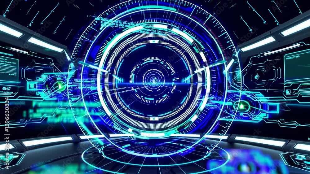 Poster futuristic digital interface with neon blue circular hud elements. the video uses a first-person per