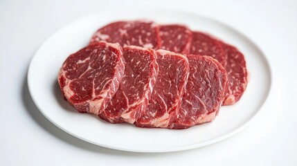 Obraz premium A high-definition image of a steak cut into slices, revealing its juicy interior, arranged neatly on a white plate with a clean, white background.