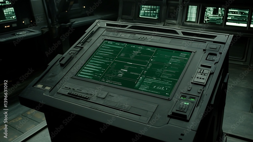 Poster control panel with glowing green interface in a futuristic spacecraft command center