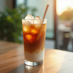 A refreshing and photogenic iced coffee drink with beautiful milk patterns, ideal for café, beverage branding, or summer vibes.