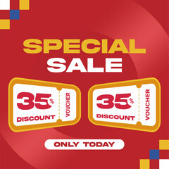 3D Voucher Special Sale Design with 35% Discount on Bold Red and Yellow Background