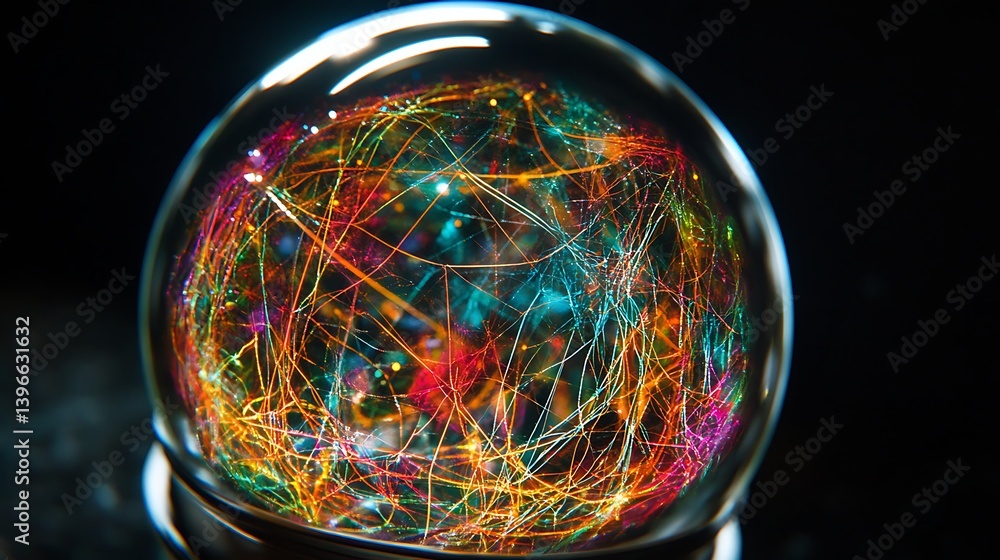 Aufkleber colorful abstract patterns within a glass orb, illuminated against a dark background, creating a mys