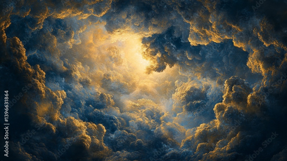 Poster dramatic clouds with sunlight shining through creating a celestial effect.