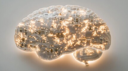 Illuminated brain sculpture showcasing neural connections, symbolizing technology and creativity