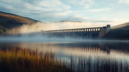 A serene shot of a large reservoir behind a dam with mist rising off the water, set against a backdrop of rolling hills and early morning light.