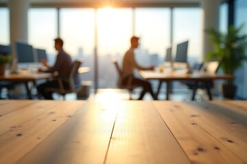 Modern office space with employees working at desks near windows at sunset business workplace concept