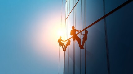 High-rise window cleaning action cityscape photography sunrise elevated view urban exploration