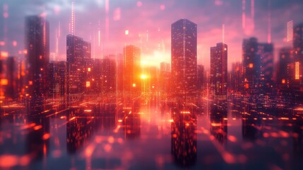 Fototapeta premium Futuristic Cityscape at Sunset: A Digital Metropolis Reflecting in a Still Water