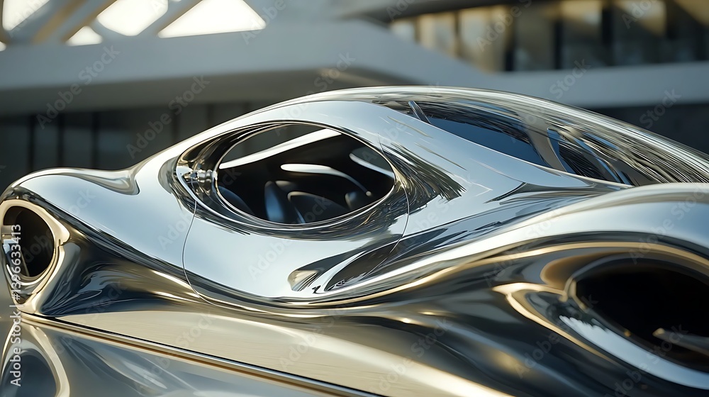 Poster futuristic car design showcased in a modern urban setting with sleek architecture in the background