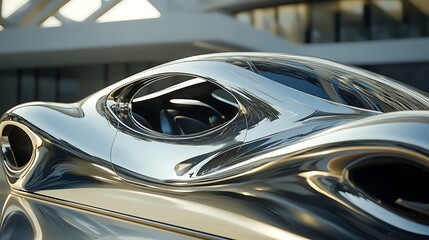 Futuristic car design showcased in a modern urban setting with sleek architecture in the background