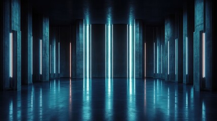 Empty, futuristic, concrete hall lit by vibrant neon light