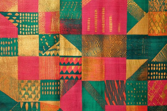 Colorful patchwork quilt with geometric patterns in green red orange and gold.