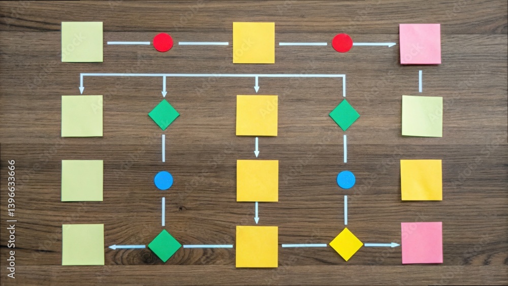 Poster Flat Lay Process Flow Diagram with Colorful Sticky Notes and Arrows
