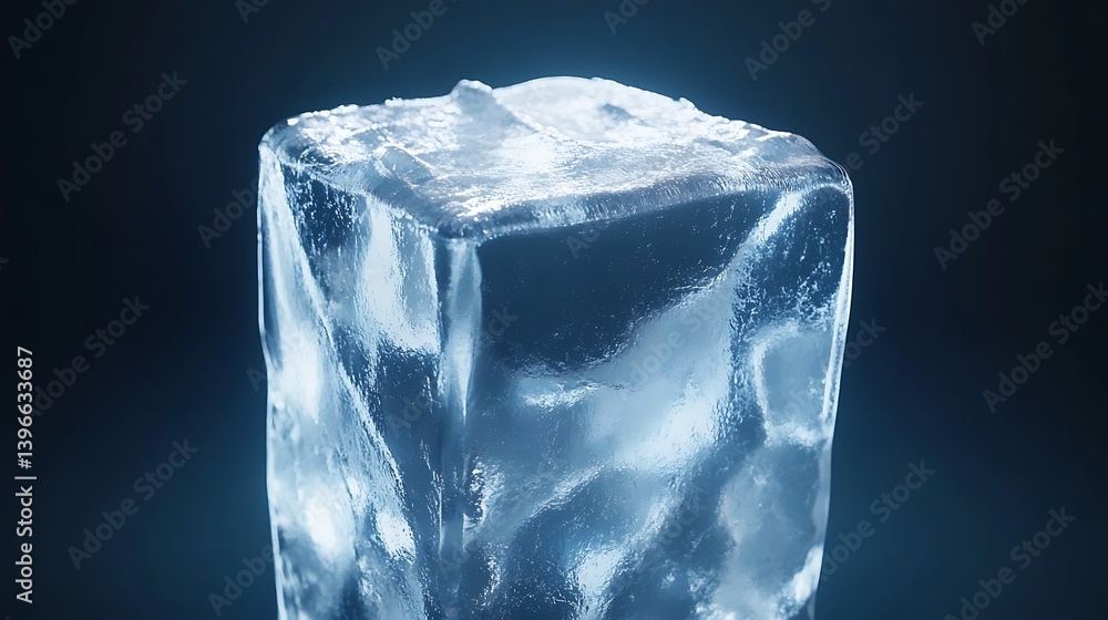 Poster a crystal-clear ice cube illuminated against a dark background, showcasing its transparency and text