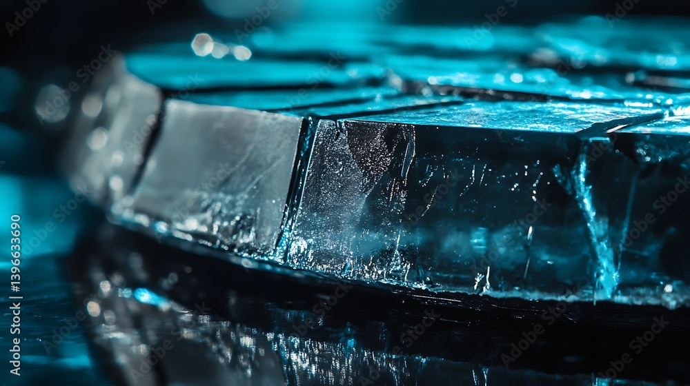 Aufkleber close-up of a circular ice formation with sharp edges reflecting light in a cool-toned environment