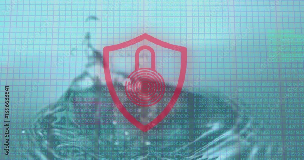 Poster red fingerprint shield with animation over digital security data and water splash