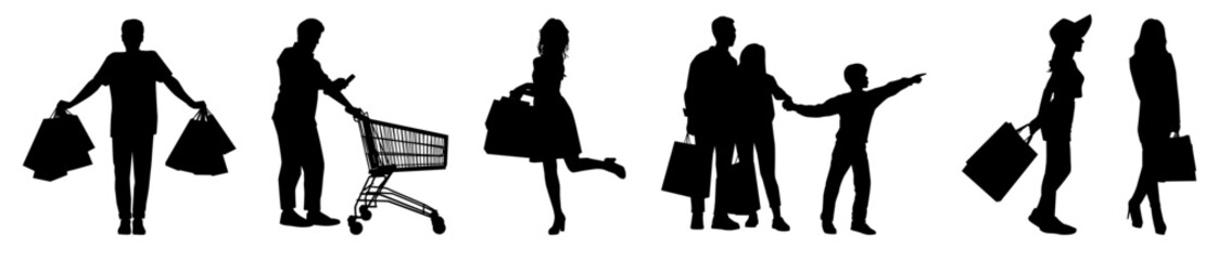 set of shopping people silhouette illustrations.