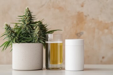 Cannabis and hemp innovation concept. Green plant, glass of beverage, and modern container on a neutral background.