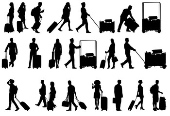 Set of people at airport silhouette