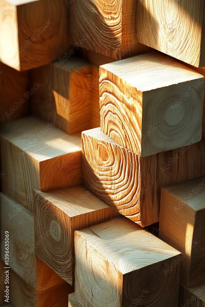 Poster stack of wooden blocks showing wood grain and texture with natural light.