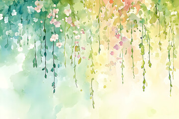 Delicate watercolor painting of cascading flowers and leaves.