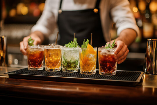 A bartender serving cocktail drinks at a bar