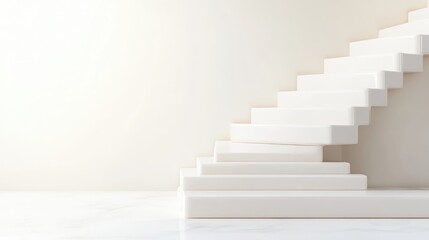 White Staircase Minimalist Design, Clean Bright Lighting, Curved Perspective View, Smooth Surface Textures, Ascending Concept, Neutral Wall Backdrop, Pure White Tones, Ideal for Growth Imagery
