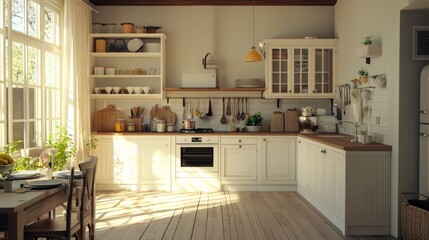 Bright and Inviting Modern Country Kitchen Interior with Cozy Wooden Accents, Natural Light Flooding the Space, Rustic Charm, and Stylish Decor for a Warm Atmosphere