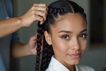 Fototapeta premium Woman With Her Hair Being Braided And Styled By Someone, Her Beautiful Look Is Enhanced By The Style. Beauty Treatment, Hairstyle Transformation