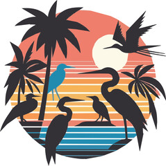 Tropical Silhouette: A captivating illustration of a tropical paradise, featuring elegant birds silhouetted against a vibrant sunset, evoking a sense of calm and exotic travel. © Ike