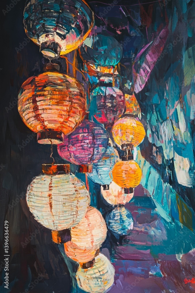 Poster colorful lanterns hang in a cluster abstractly painted with dark background.