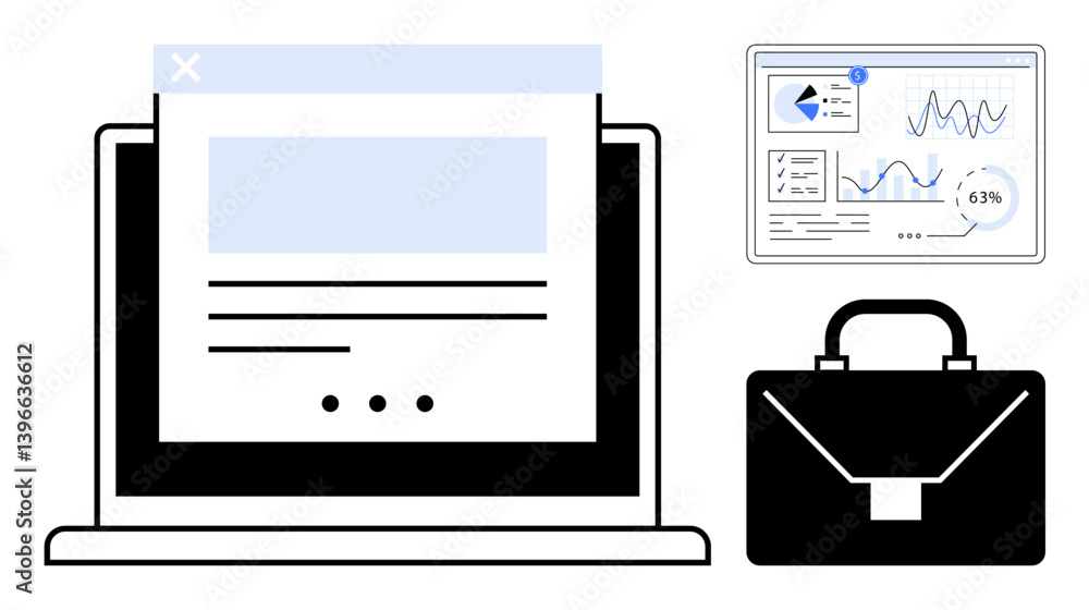 Poster laptop displaying a webpage, analytics dashboard with graphs, and a black business briefcase. ideal 