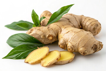 Fototapeta premium Fresh ginger root isolated on white surface. A fresh ginger root isolated on a white surface, showcasing its knobby texture and earthy color, ideal for culinary and health-related imagery