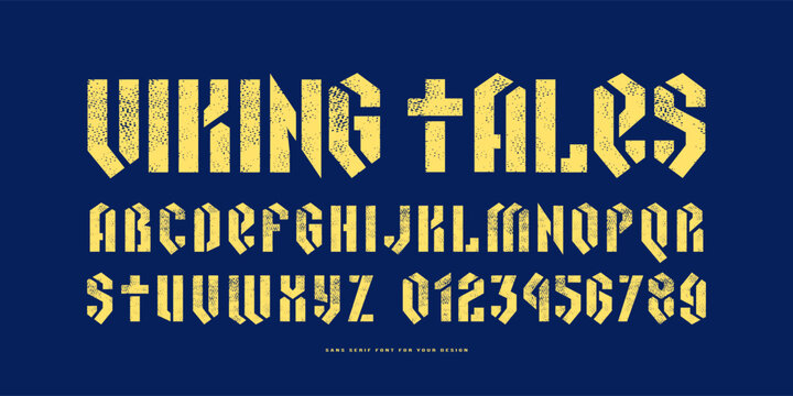 Stencil-plate sans serif font in black letter style. Letters and numbers with grunge texture for logo and emblem design. Yellow print on blue background